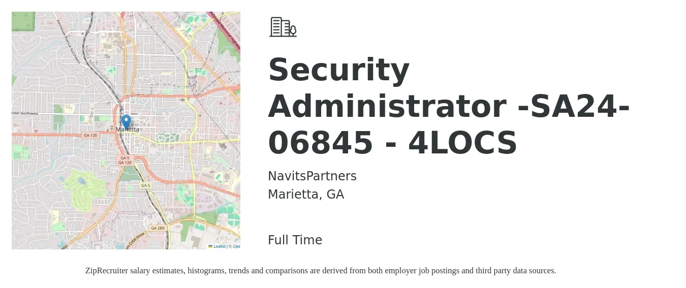 NavitsPartners job posting for a Security Administrator -SA24-06845 - 4LOCS in Marietta, GA with a salary of $38 to $52 Hourly with a map of Marietta location.
