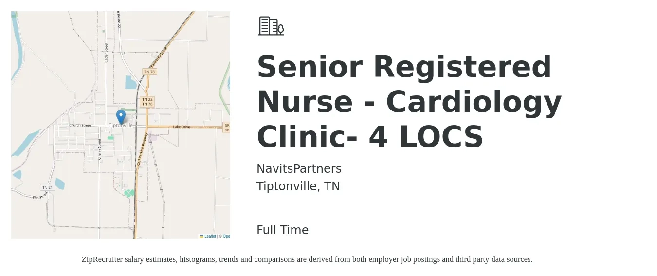 NavitsPartners job posting for a Senior Registered Nurse - Cardiology Clinic- 4 LOCS in Tiptonville, TN with a salary of $27 to $42 Hourly with a map of Tiptonville location.