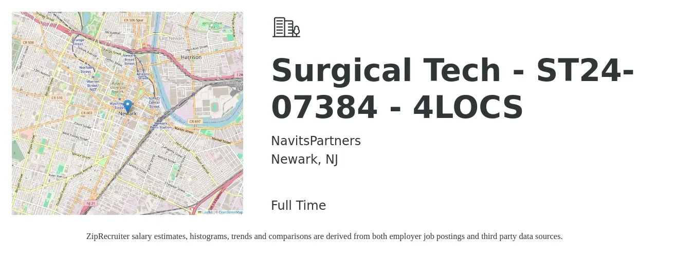 NavitsPartners job posting for a Surgical Tech - ST24-07384 - 4LOCS in Newark, NJ with a salary of $1,530 to $2,510 Weekly with a map of Newark location.