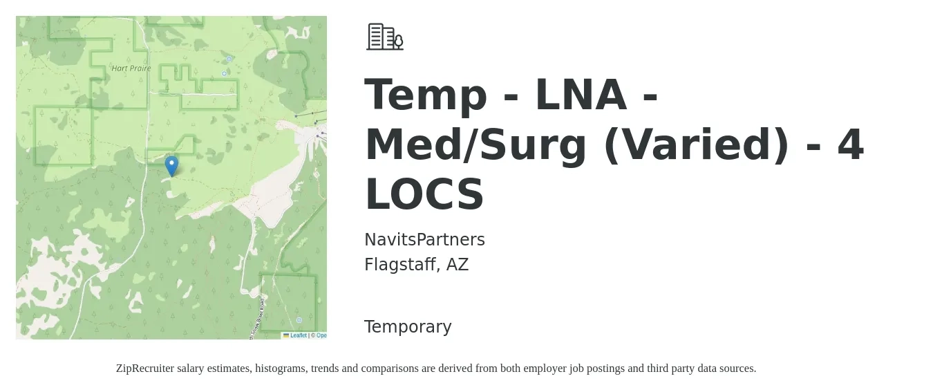 NavitsPartners job posting for a Temp - LNA - Med/Surg (Varied) - 4 LOCS in Flagstaff, AZ with a salary of $18 to $23 Hourly with a map of Flagstaff location.