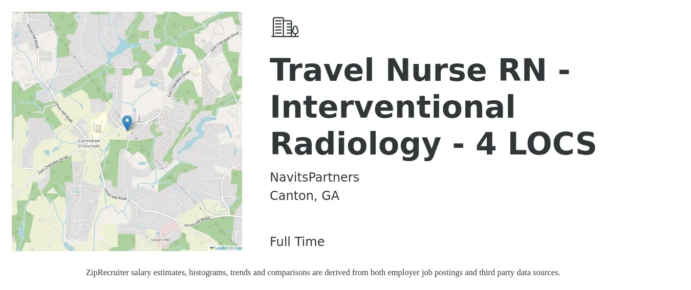 NavitsPartners job posting for a Travel Nurse RN - Interventional Radiology - 4 LOCS in Canton, GA with a salary of $1,130 to $2,350 Weekly with a map of Canton location.