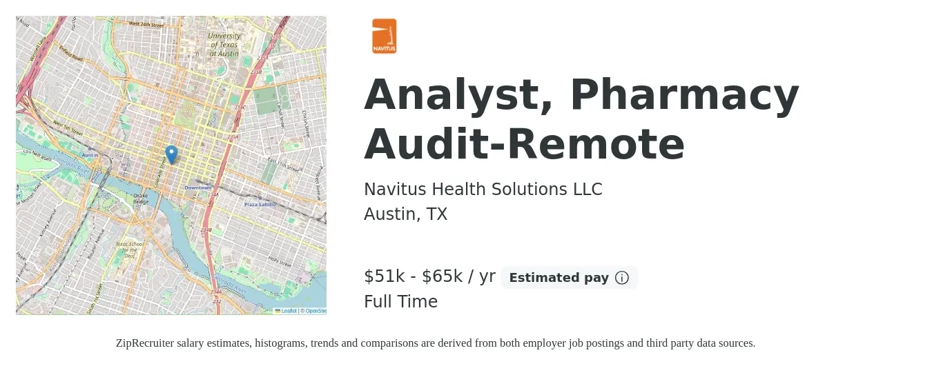Navitus Health Solutions LLC job posting for a Analyst, Pharmacy Audit-Remote in Austin, TX with a salary of $51,123 to $65,121 Yearly with a map of Austin location.