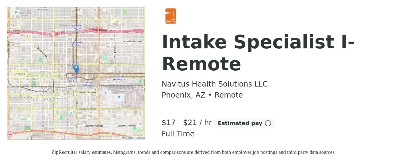 Navitus Health Solutions LLC job posting for a Intake Specialist I-Remote in Phoenix, AZ with a salary of $18 to $23 Hourly with a map of Phoenix location.
