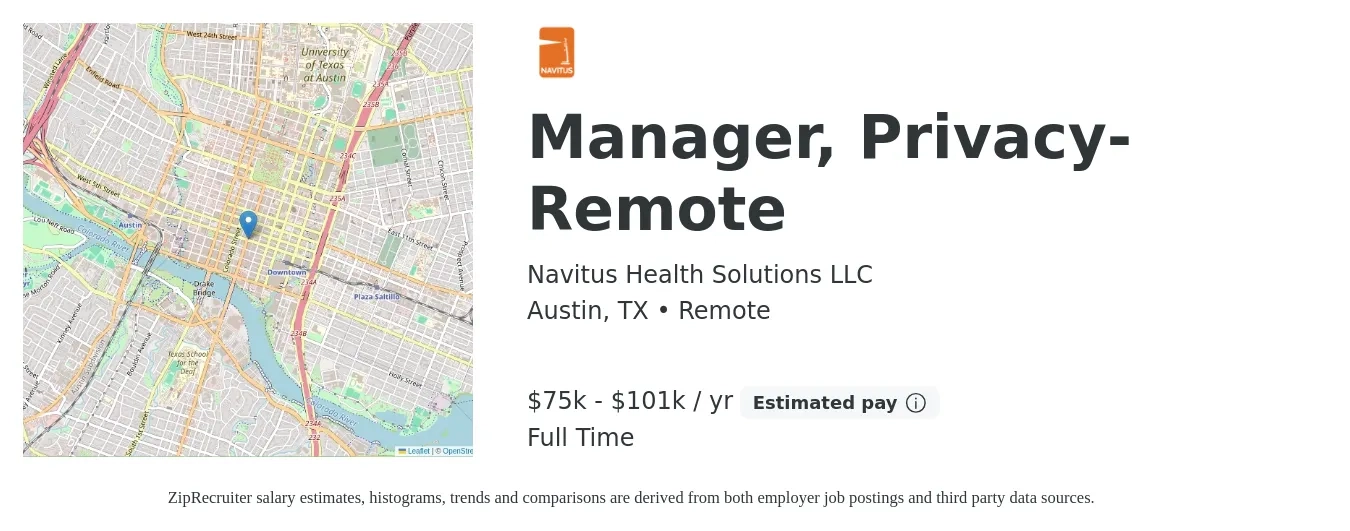 Navitus Health Solutions LLC job posting for a Manager, Privacy-Remote in Austin, TX with a salary of $75,287 to $101,614 Yearly with a map of Austin location.