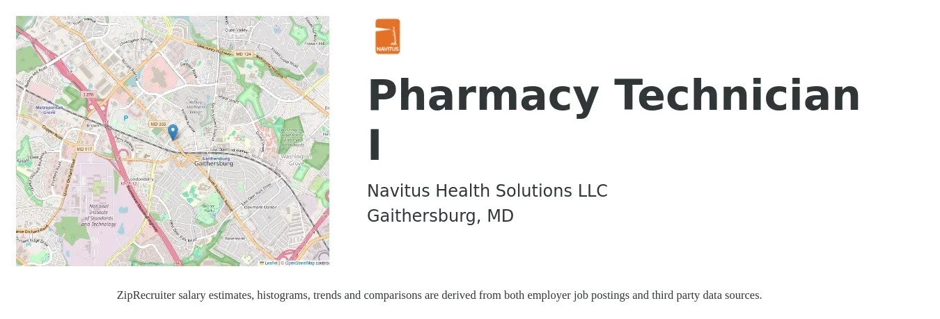 Navitus Health Solutions LLC job posting for a Pharmacy Technician I in Gaithersburg, MD with a salary of $19 to $24 Hourly with a map of Gaithersburg location.