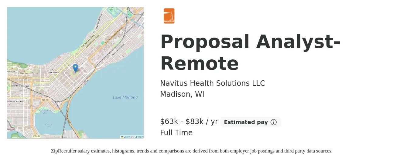 Navitus Health Solutions LLC job posting for a Proposal Analyst-Remote in Madison, WI with a salary of $63,773 to $83,750 Yearly with a map of Madison location.