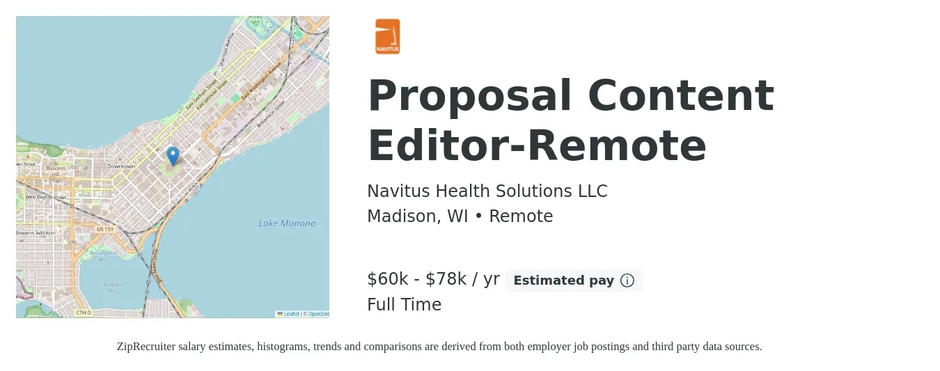 Navitus Health Solutions job posting for a Proposal Content Editor-Remote in Madison, WI with a salary of $29 to $44 Hourly with a map of Madison location.