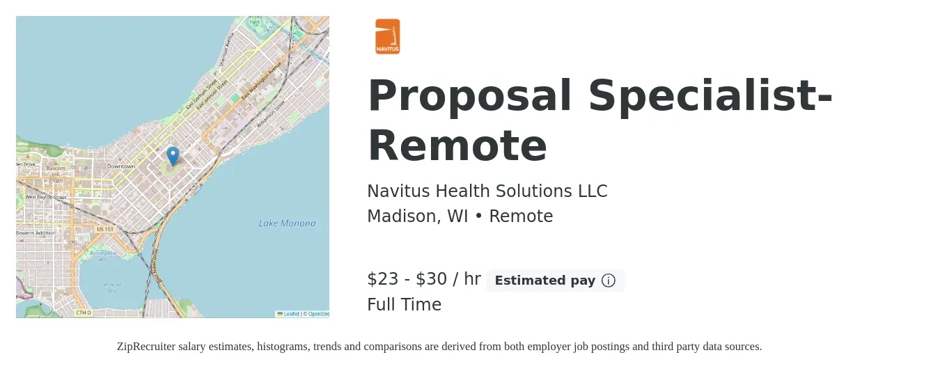 Navitus Health Solutions LLC job posting for a Proposal Specialist-Remote in Madison, WI with a salary of $25 to $31 Hourly with a map of Madison location.
