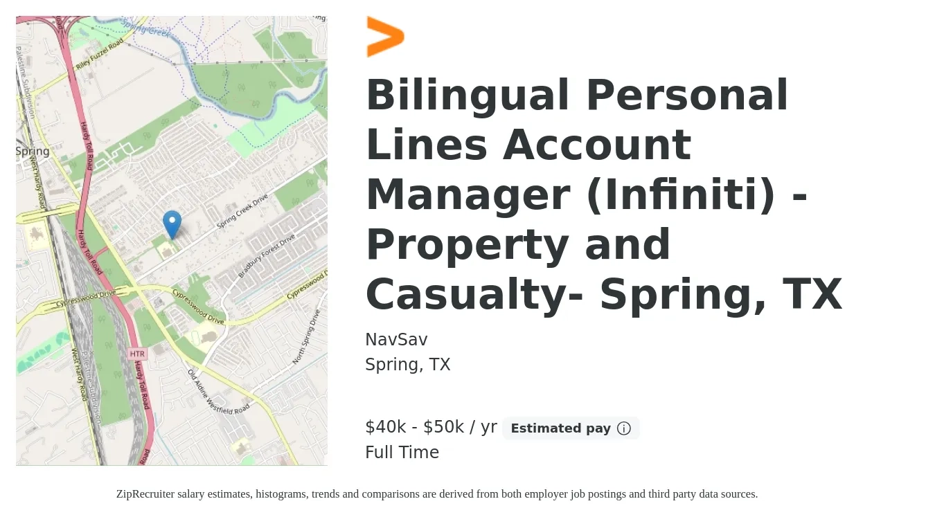 NavSav job posting for a Bilingual Personal Lines Account Manager (Infiniti) - Property and Casualty- Spring, TX in Spring, TX with a salary of $40,000 to $50,000 Yearly with a map of Spring location.