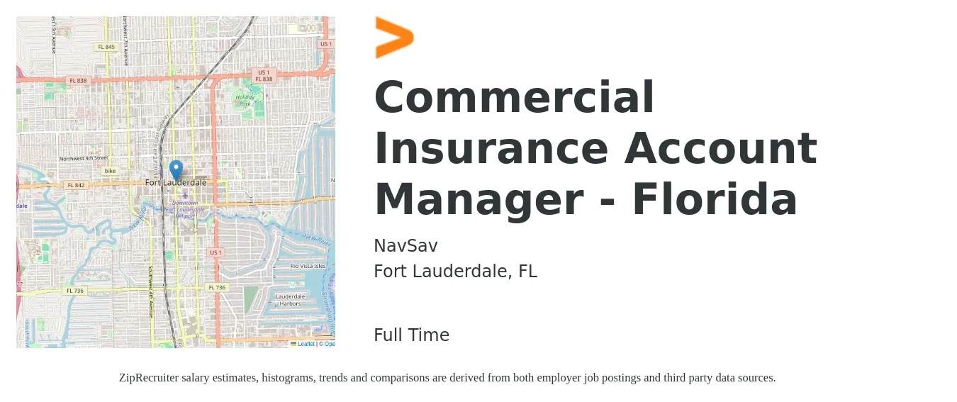 NavSav job posting for a Commercial Insurance Account Manager - Florida in Fort Lauderdale, FL with a salary of $52,900 to $76,700 Yearly with a map of Fort Lauderdale location.