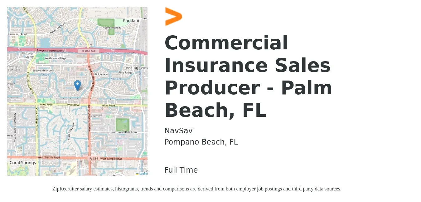 NavSav job posting for a Commercial Insurance Sales Producer - Palm Beach, FL in Pompano Beach, FL with a salary of $40,000 to $90,000 Yearly with a map of Pompano Beach location.
