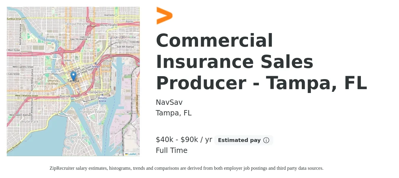NavSav job posting for a Commercial Insurance Sales Producer - Tampa, FL in Tampa, FL with a salary of $40,000 to $90,000 Yearly with a map of Tampa location.