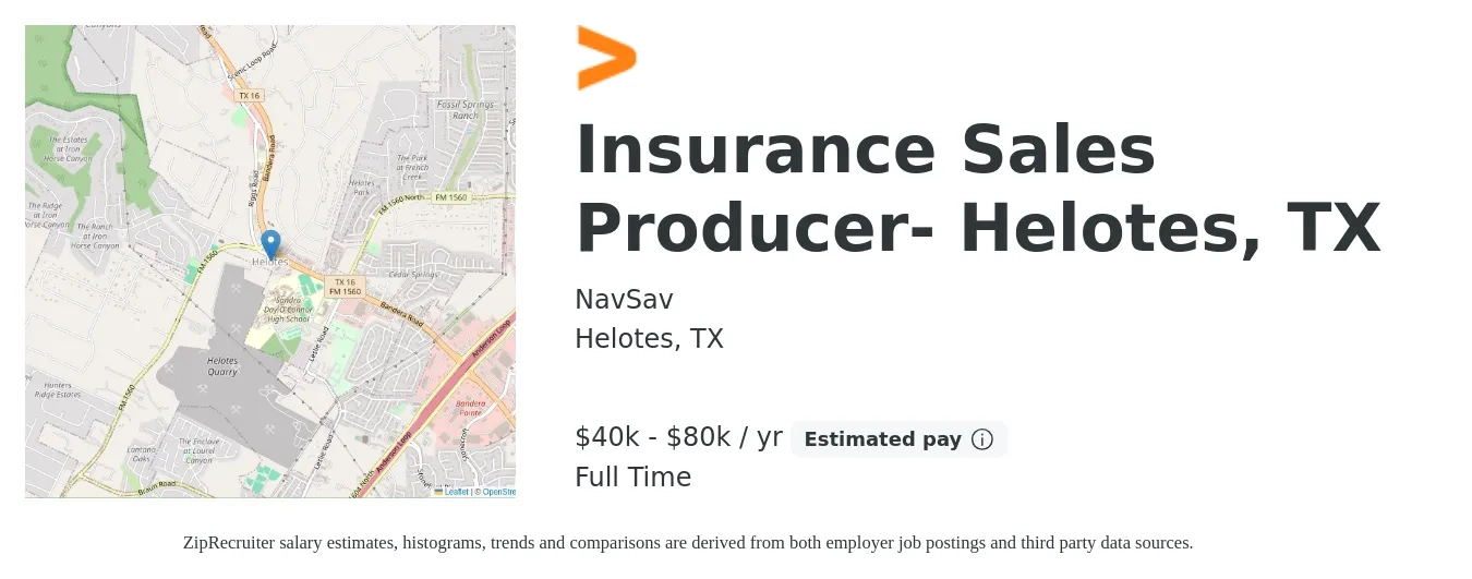 NavSav job posting for a Insurance Sales Producer- Helotes, TX in Helotes, TX with a salary of $40,000 to $80,000 Yearly with a map of Helotes location.