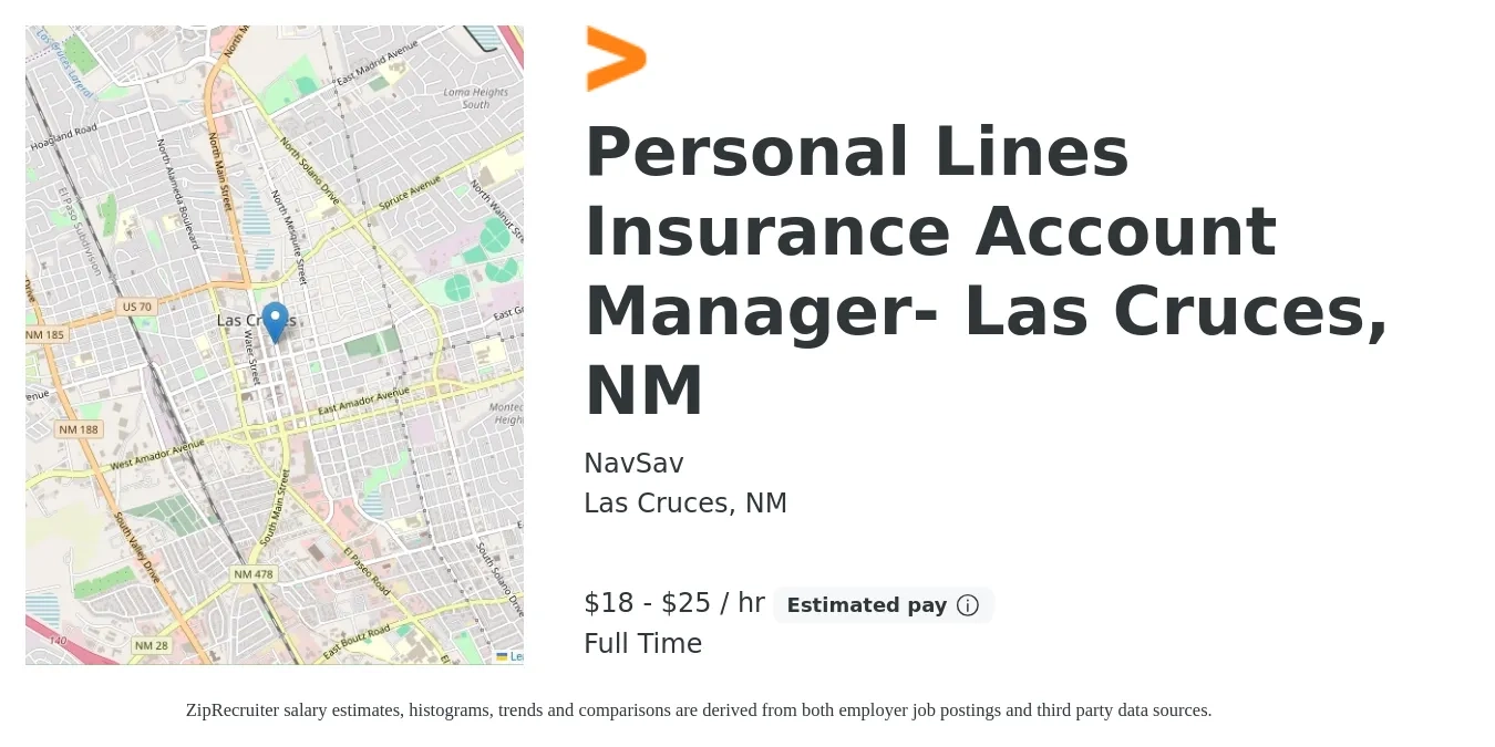 NavSav job posting for a Personal Lines Insurance Account Manager- Las Cruces, NM in Las Cruces, NM with a salary of $32,200 to $43,700 Yearly with a map of Las Cruces location.
