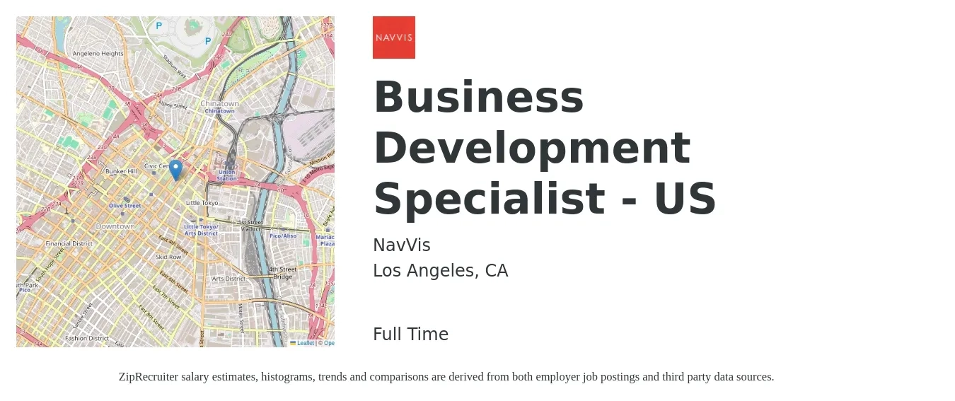 NavVis job posting for a Business Development Specialist - US in Los Angeles, CA with a salary of $50,600 to $84,600 Yearly with a map of Los Angeles location.