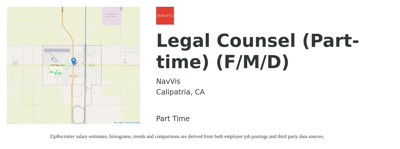 NavVis job posting for a Legal Counsel (Part-time) (F/M/D) in Calipatria, CA with a salary of $94,800 to $223,000 Yearly with a map of Calipatria location.