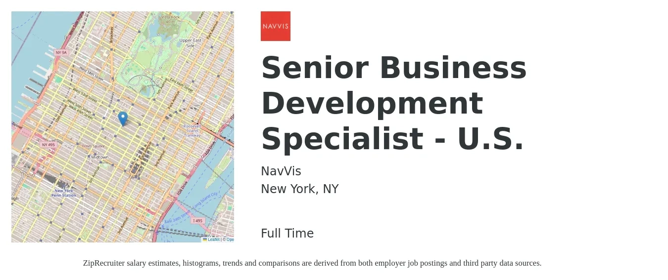NavVis job posting for a Senior Business Development Specialist - U.S. in New York, NY with a salary of $51,400 to $85,900 Yearly with a map of New York location.