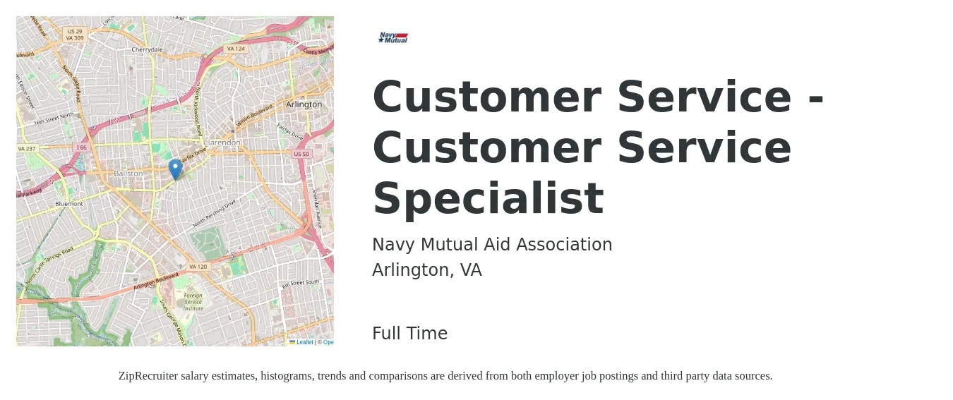 Navy Mutual Aid Association job posting for a Customer Service - Customer Service Specialist in Arlington, VA with a salary of $20 to $26 Hourly with a map of Arlington location.