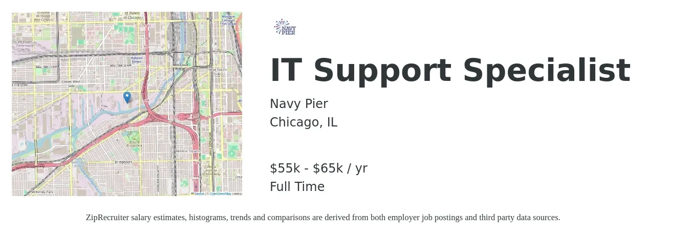 Navy Pier job posting for a IT Support Specialist in Chicago, IL with a salary of $55,000 to $65,000 Yearly with a map of Chicago location.