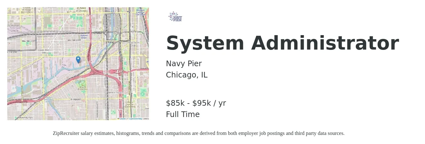 Navy Pier job posting for a System Administrator in Chicago, IL with a salary of $85,000 to $95,000 Yearly with a map of Chicago location.