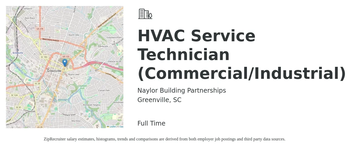 Naylor Building Partnerships job posting for a HVAC Service Technician (Commercial/Industrial) in Greenville, SC with a salary of $28 to $37 Hourly with a map of Greenville location.