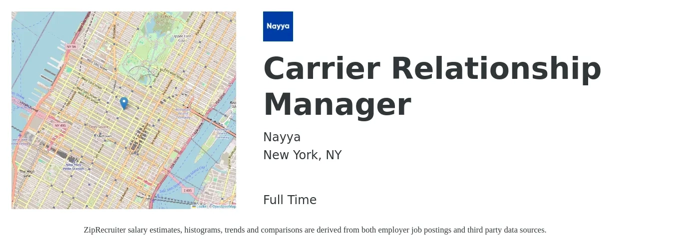 Nayya job posting for a Carrier Relationship Manager in New York, NY with a salary of $55,200 to $115,400 Yearly with a map of New York location.