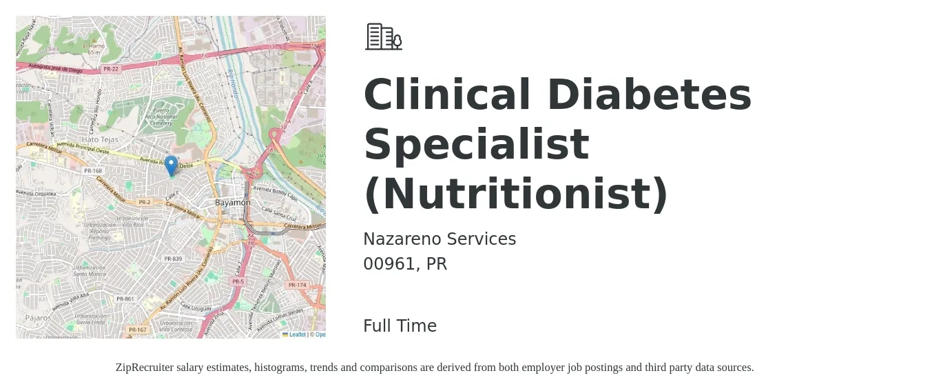 Nazareno Services Inc job posting for a Clinical Diabetes Specialist (Nutritionist) in 00961, PR with a salary of $50,700 to $65,000 Yearly with a map of 00961 location.