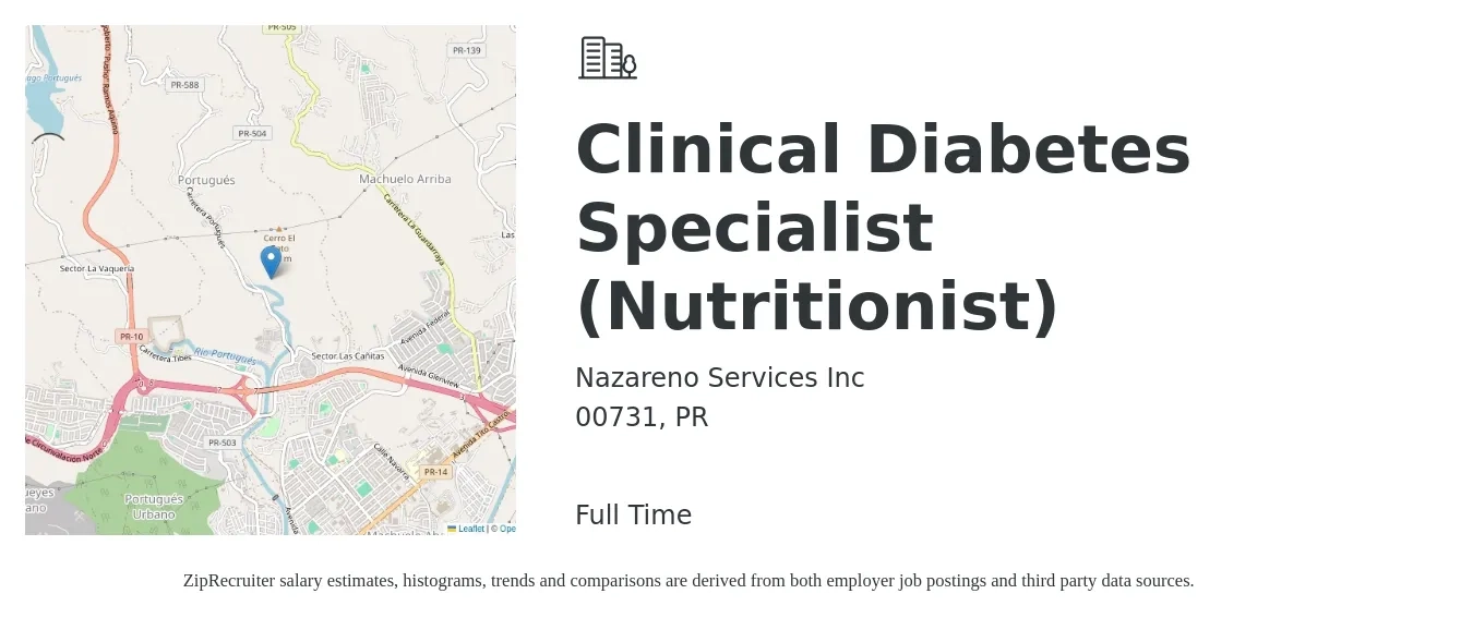 Nazareno Services Inc job posting for a Clinical Diabetes Specialist (Nutritionist) in 00731, PR with a salary of $61,800 to $79,400 Yearly with a map of 00731 location.