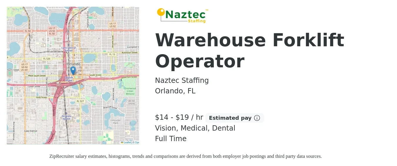 Naztec Staffing job posting for a Warehouse Forklift Operator in Orlando, FL with a salary of $15 to $20 Hourly and benefits including vision, dental, and medical with a map of Orlando location.