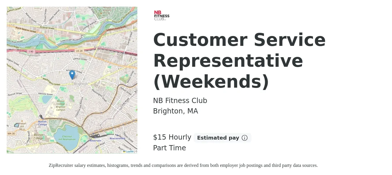 NB Fitness Club job posting for a Customer Service Representative (Weekends) in Brighton, MA with a salary of $16 Hourly with a map of Brighton location.
