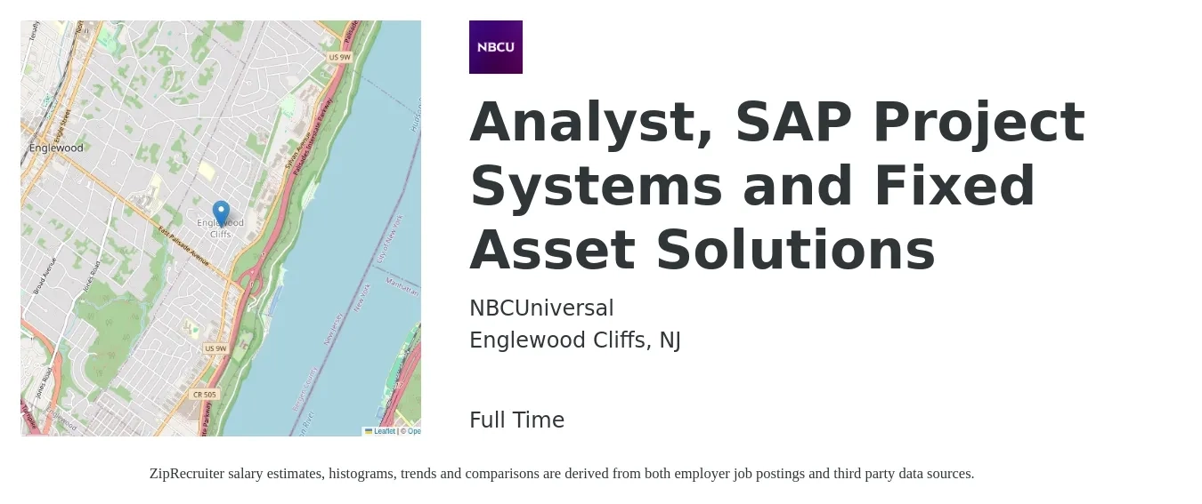 NBCUniversal job posting for a Analyst, SAP Project Systems and Fixed Asset Solutions in Englewood Cliffs, NJ with a salary of $38 to $62 Hourly with a map of Englewood Cliffs location.