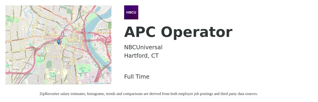 NBCUniversal job posting for a APC Operator in Hartford, CT with a salary of $120,000 to $194,700 Yearly with a map of Hartford location.