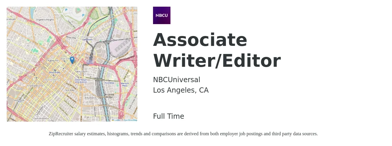 NBCUniversal job posting for a Associate Writer/Editor in Los Angeles, CA with a salary of $65,000 to $85,000 Yearly with a map of Los Angeles location.