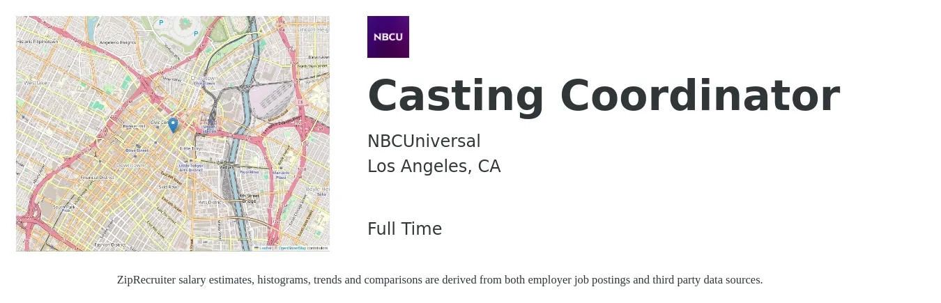 NBCUniversal job posting for a Casting Coordinator in Los Angeles, CA with a salary of $50,000 to $60,000 Yearly with a map of Los Angeles location.