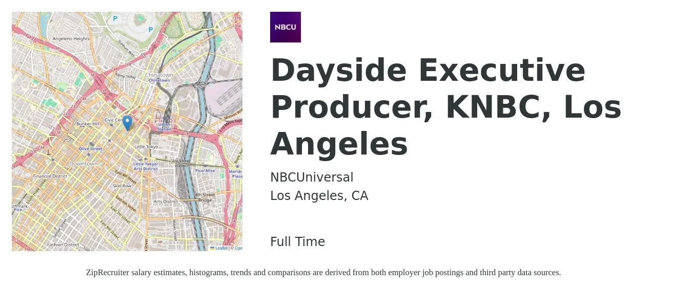 NBCUniversal job posting for a Dayside Executive Producer, KNBC, Los Angeles in Los Angeles, CA with a salary of $74,900 to $118,500 Yearly with a map of Los Angeles location.