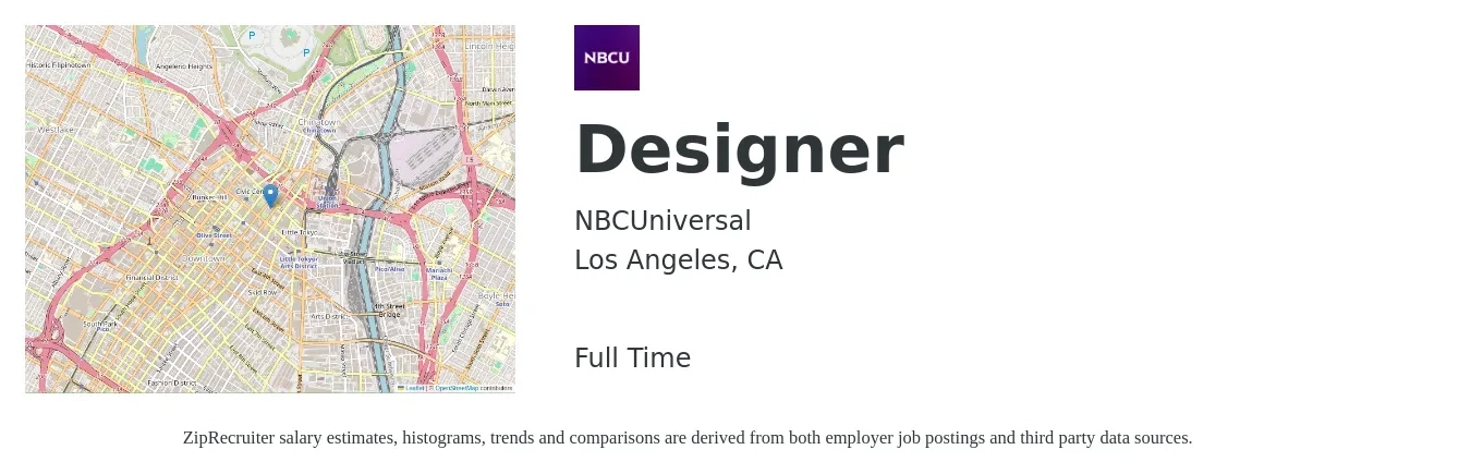 NBCUniversal job posting for a Designer in Los Angeles, CA with a salary of $70,000 to $95,000 Yearly with a map of Los Angeles location.
