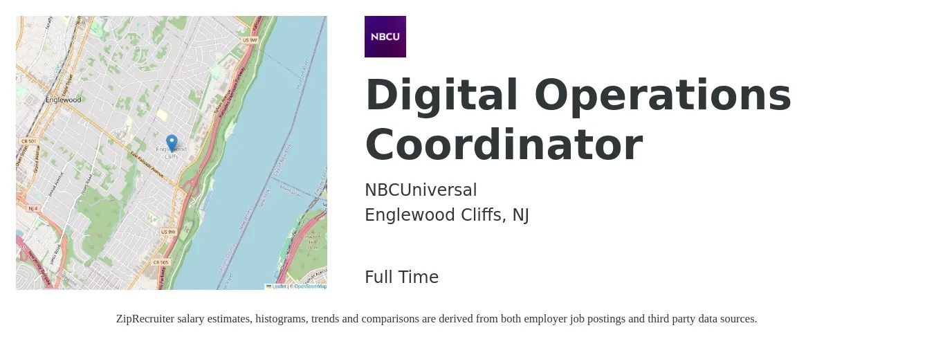 NBCUniversal job posting for a Digital Operations Coordinator in Englewood Cliffs, NJ with a salary of $21 to $30 Hourly with a map of Englewood Cliffs location.