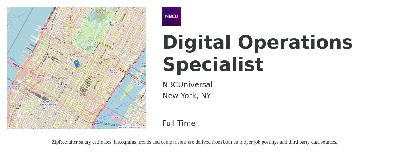 NBCUniversal job posting for a Digital Operations Specialist in New York, NY with a salary of $53,000 to $58,000 Yearly with a map of New York location.