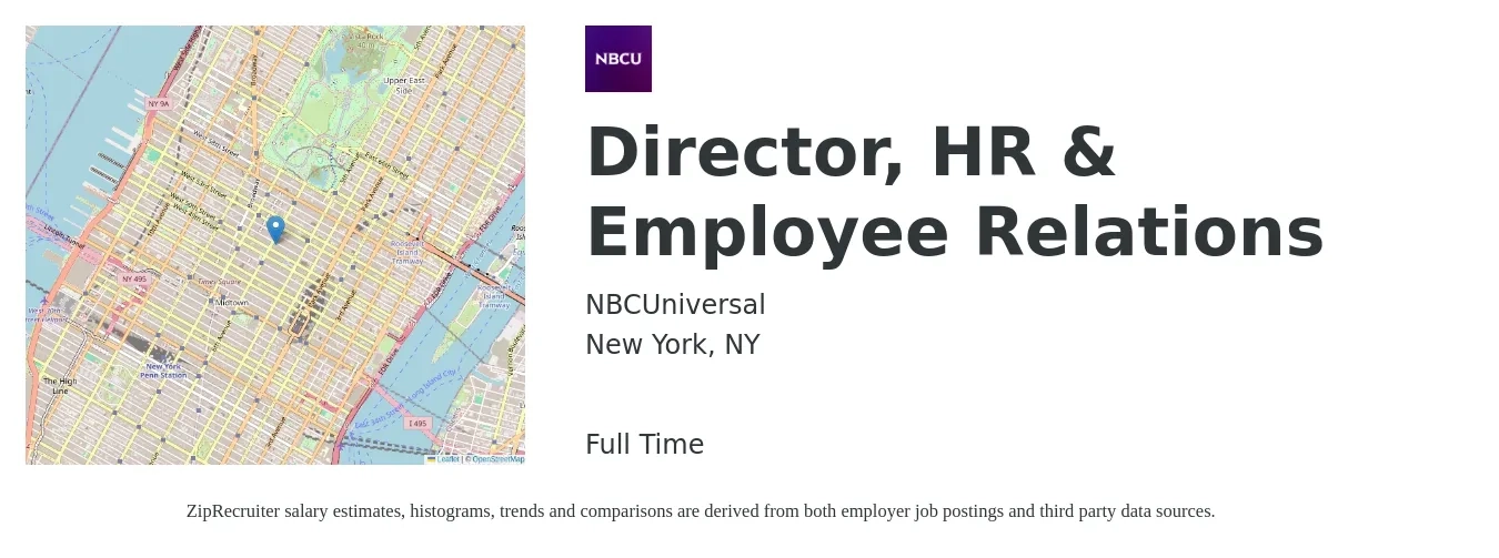 NBCUniversal job posting for a Director, HR & Employee Relations in New York, NY with a salary of $99,000 to $125,800 Yearly with a map of New York location.