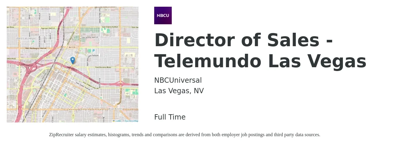 NBCUniversal job posting for a Director of Sales - Telemundo Las Vegas in Las Vegas, NV with a salary of $67,600 to $119,900 Yearly with a map of Las Vegas location.