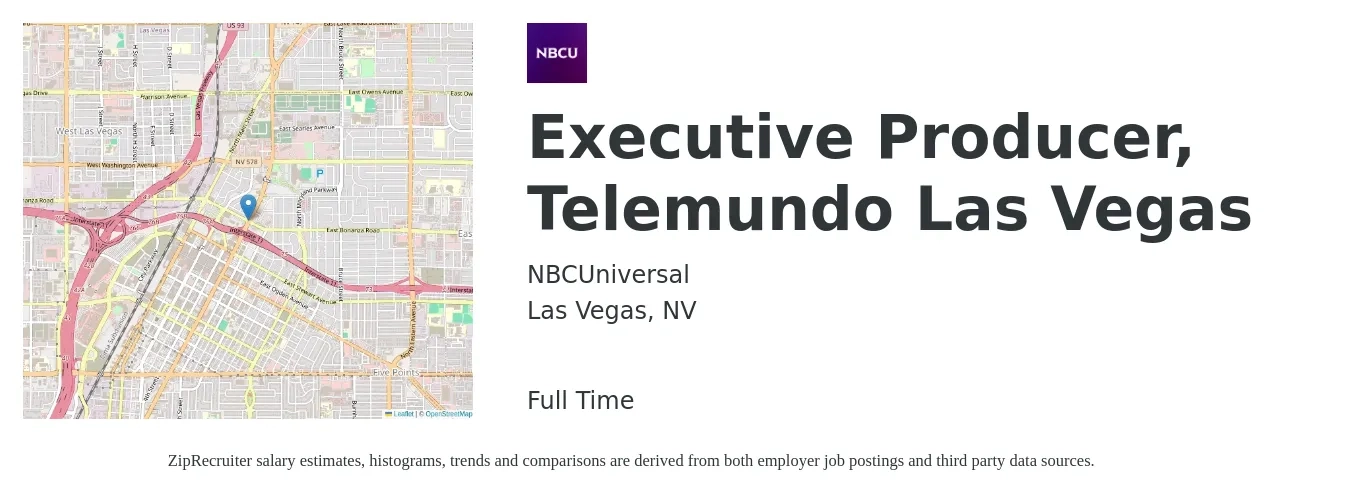 NBCUniversal job posting for a Executive Producer, Telemundo Las Vegas in Las Vegas, NV with a salary of $66,700 to $105,500 Yearly with a map of Las Vegas location.