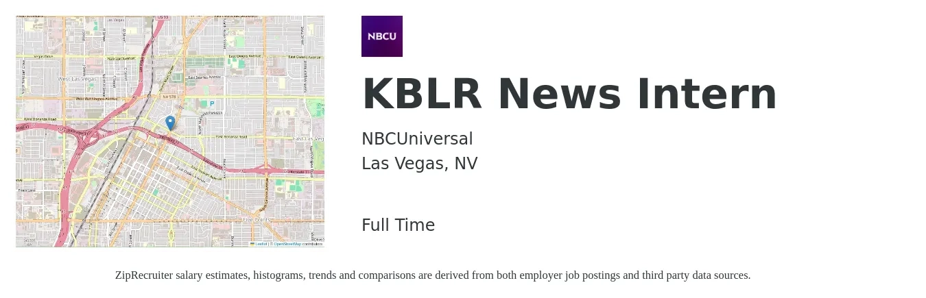 NBCUniversal job posting for a KBLR News Intern in Las Vegas, NV with a salary of $12 to $18 Hourly with a map of Las Vegas location.