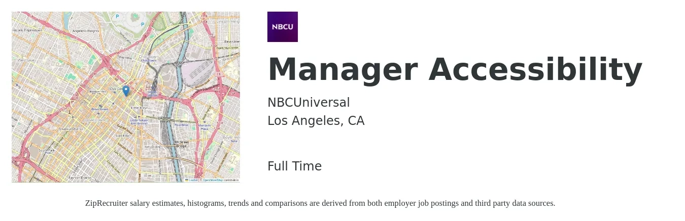 NBCUniversal job posting for a Manager Accessibility in Los Angeles, CA with a map of Los Angeles location.