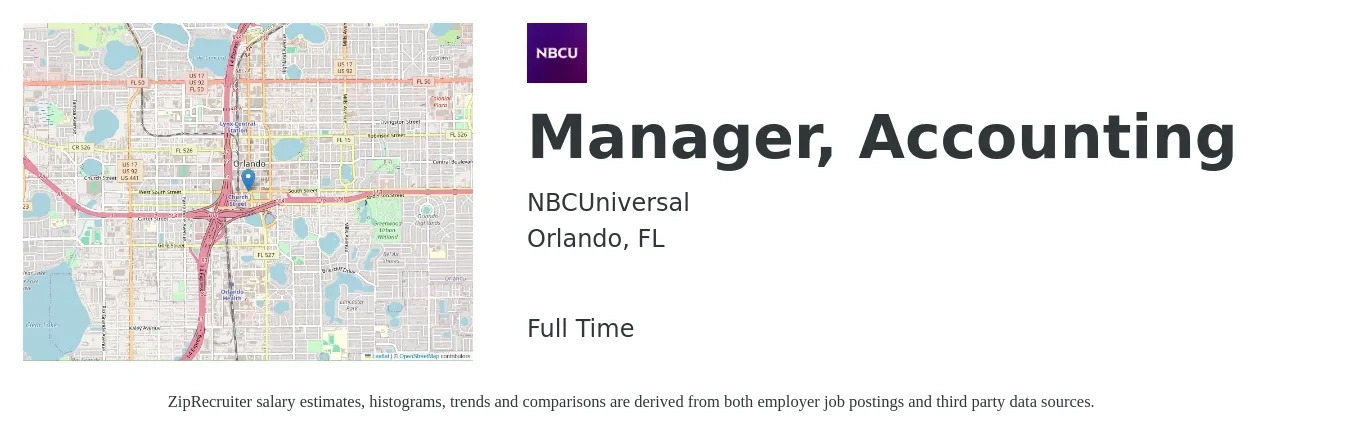 NBCUniversal job posting for a Manager, Accounting in Orlando, FL with a salary of $72,800 to $104,600 Yearly with a map of Orlando location.