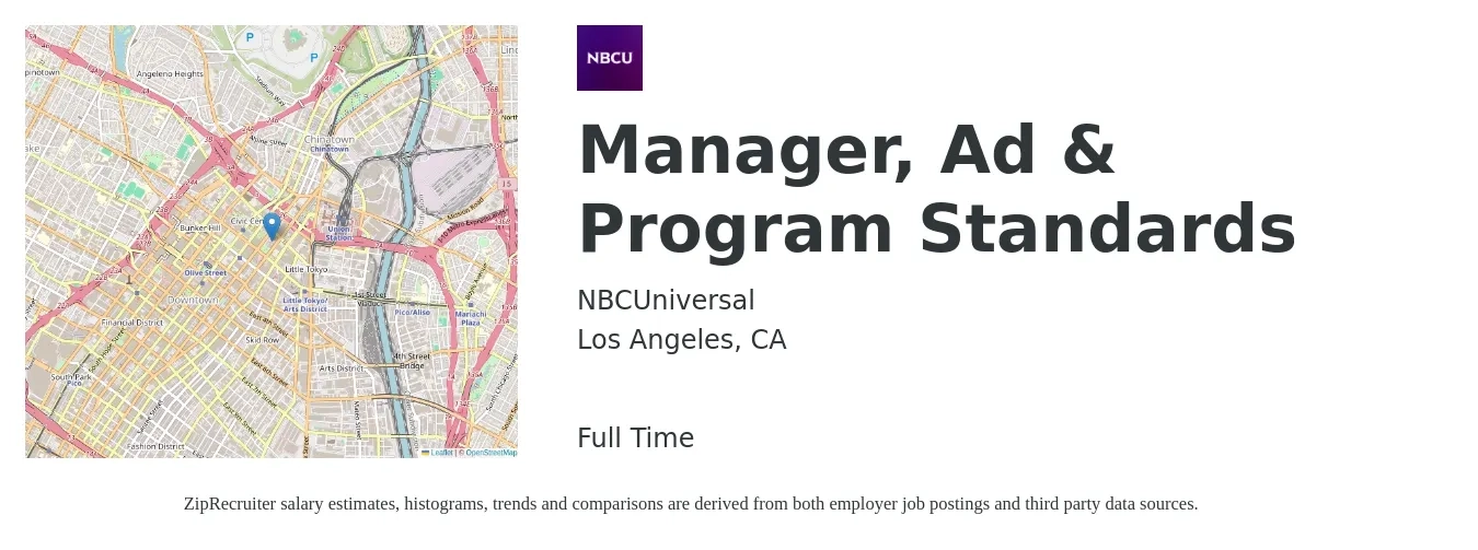 NBCUniversal job posting for a Manager, Ad & Program Standards in Los Angeles, CA with a salary of $70,900 to $117,200 Yearly with a map of Los Angeles location.