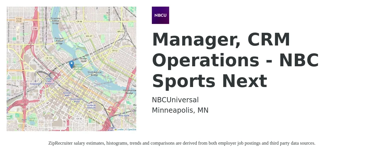 NBCUniversal job posting for a Manager, CRM Operations - NBC Sports Next in Minneapolis, MN with a salary of $42,900 to $66,400 Yearly with a map of Minneapolis location.