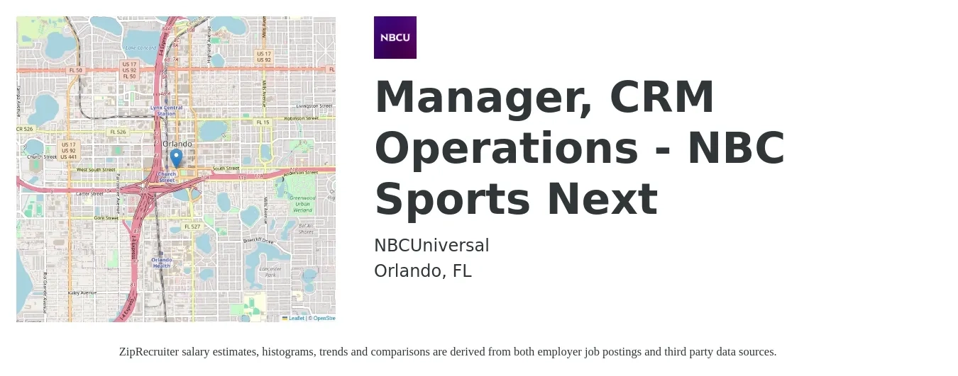 NBCUniversal job posting for a Manager, CRM Operations - NBC Sports Next in Orlando, FL with a salary of $38,300 to $59,300 Yearly with a map of Orlando location.