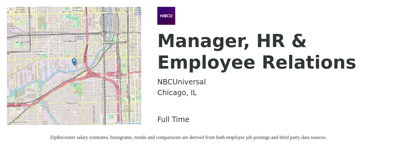 NBCUniversal job posting for a Manager, HR & Employee Relations in Chicago, IL with a salary of $70,100 to $119,600 Yearly with a map of Chicago location.