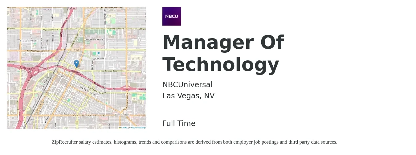 NBCUniversal job posting for a Manager Of Technology in Las Vegas, NV with a salary of $49,400 to $116,100 Yearly with a map of Las Vegas location.