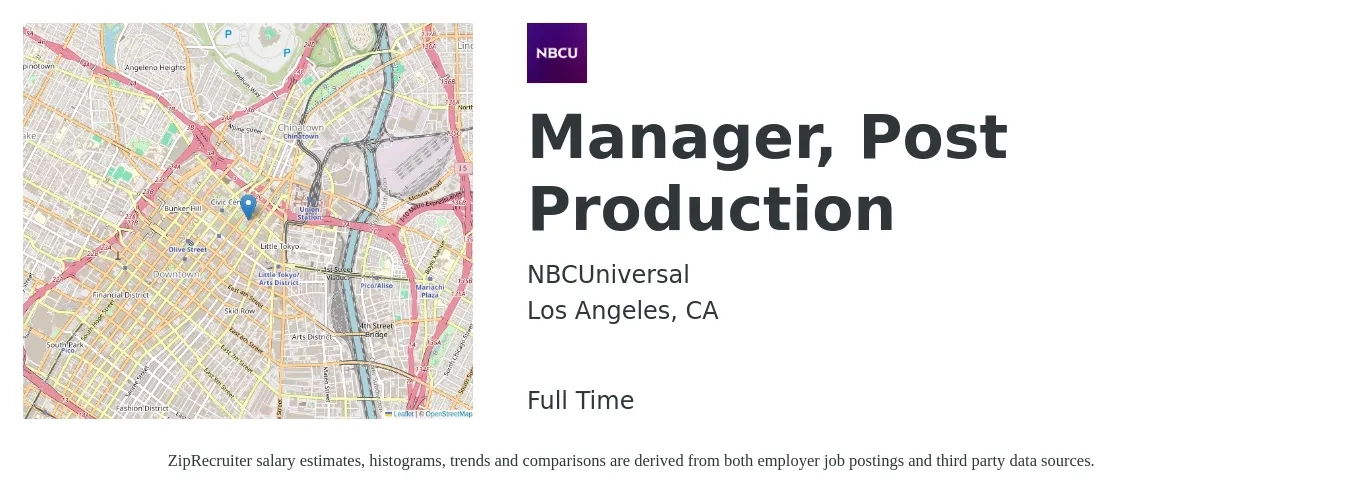 NBCUniversal job posting for a Manager, Post Production in Los Angeles, CA with a salary of $58,900 to $84,600 Yearly with a map of Los Angeles location.